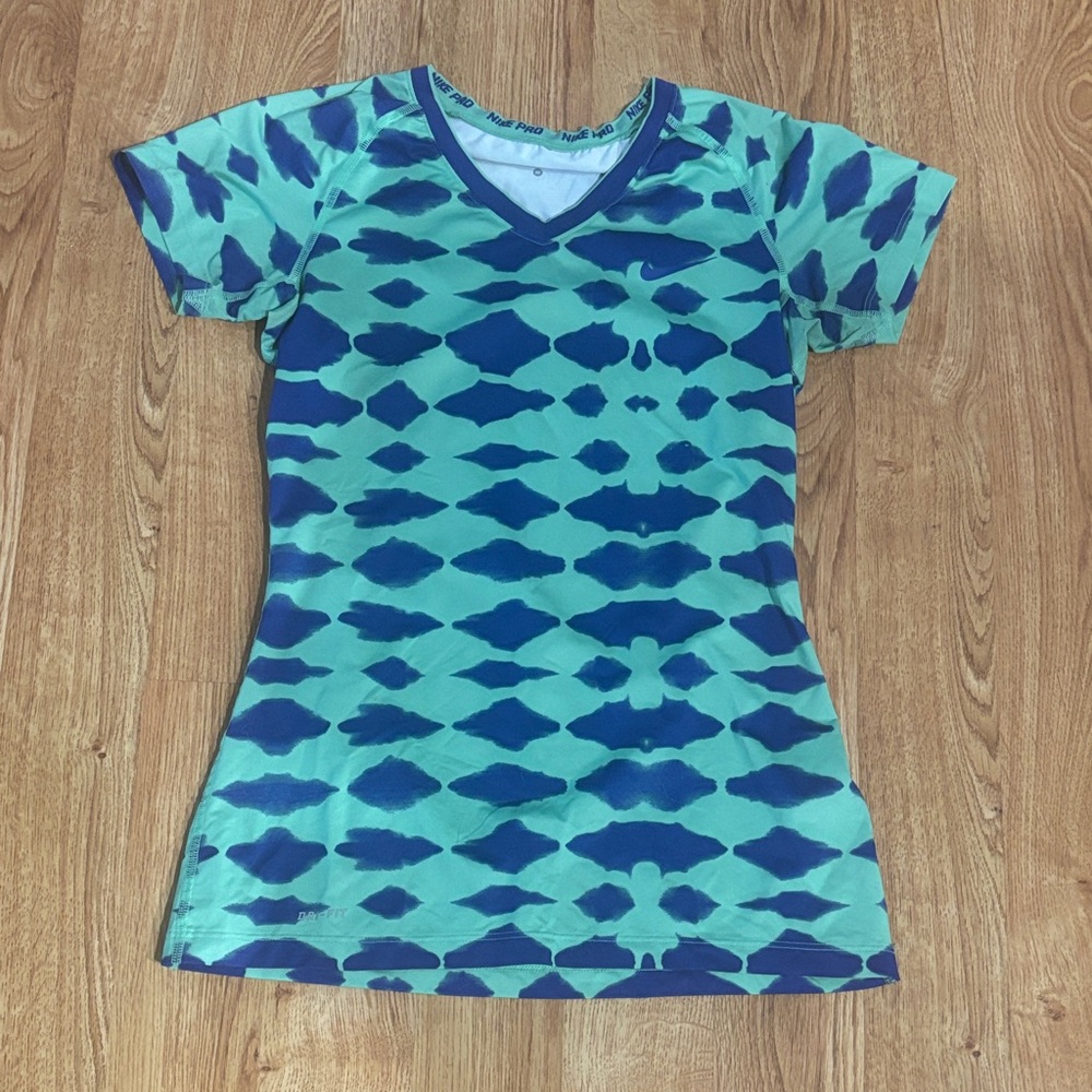 Nike Pro Blue and Green V-Neck Shirt